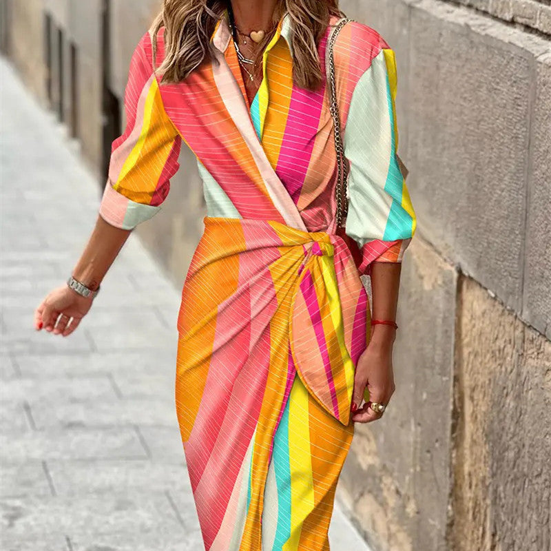 Fashion Printed Shirt Dress With Belt Slim Fit Three-quarter Sleeve Lapel Dress For Women Clothing
