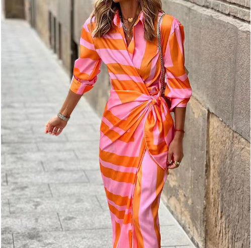 Fashion Printed Shirt Dress With Belt Slim Fit Three-quarter Sleeve Lapel Dress For Women Clothing